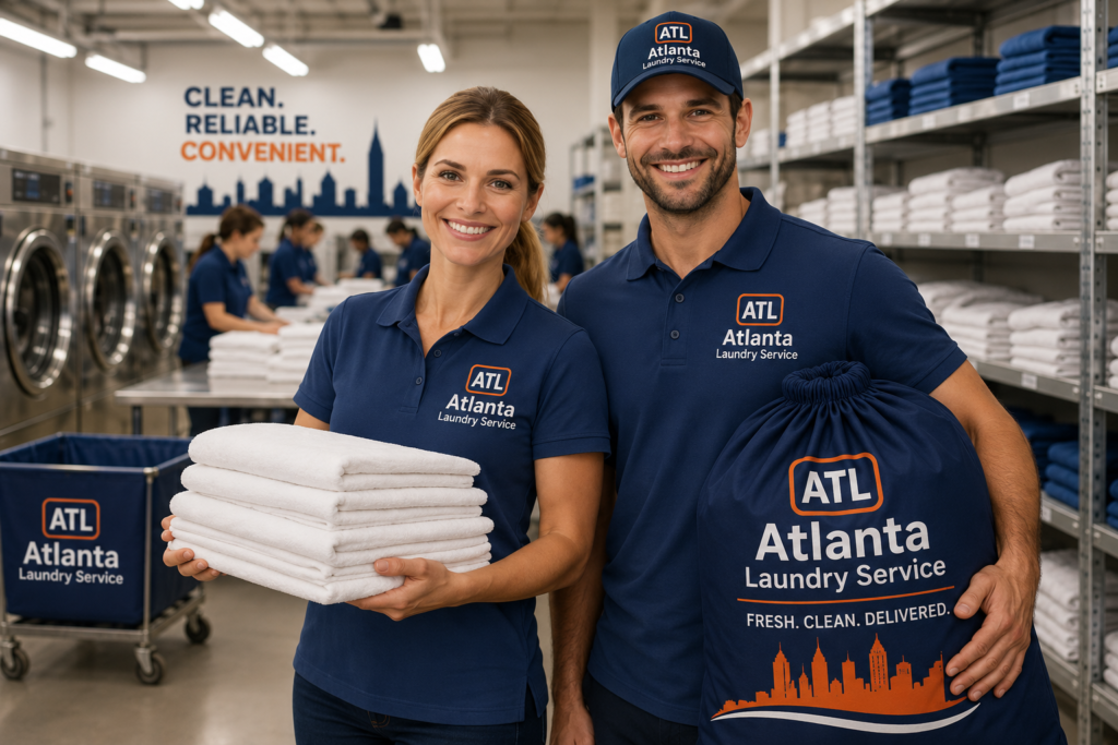 Denver Laundry Service staff folding towels and preparing laundry bags for pickup
