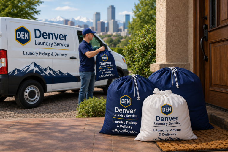Denver Laundry Service delivery van with laundry bags staged for doorstep pickup