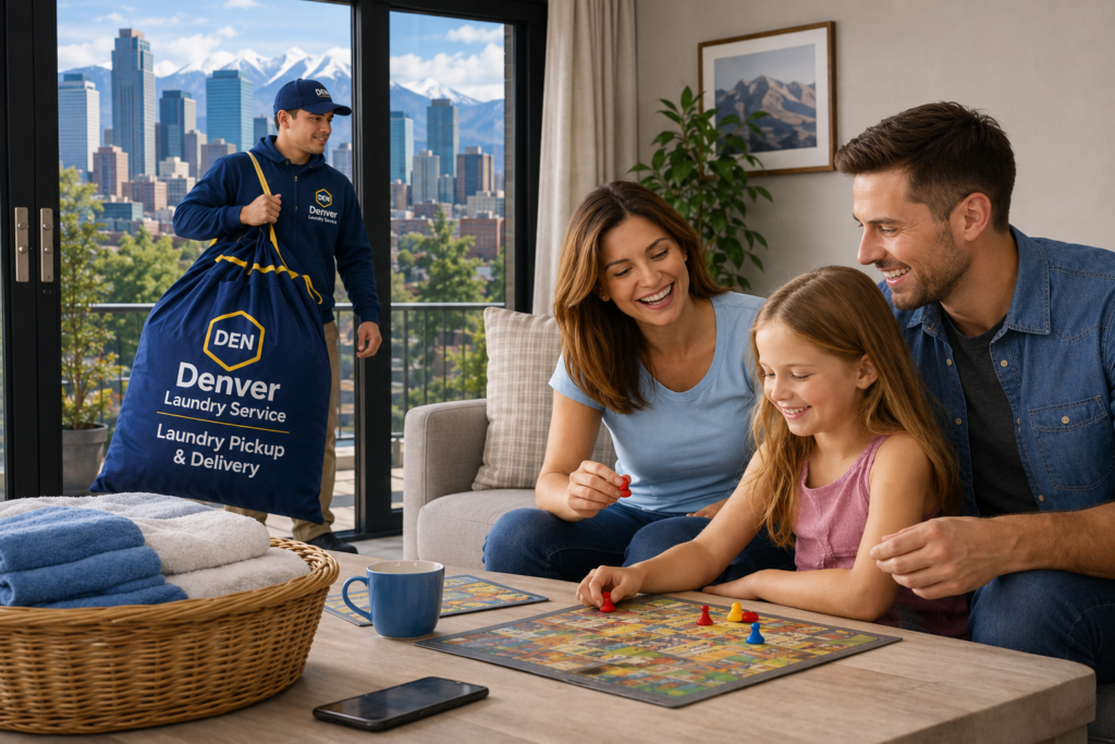 Denver family playing a board game while Denver Laundry Service delivers fresh laundry