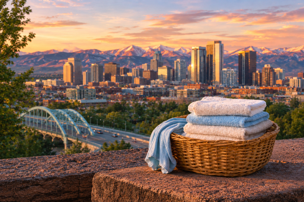 Folded towel basket with the Denver skyline and Rocky Mountains at sunset