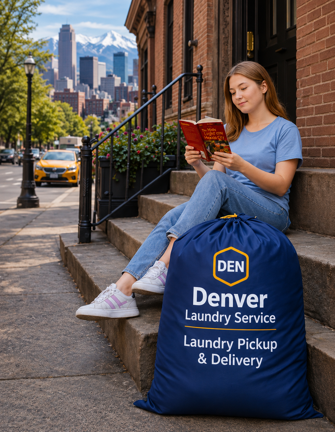 Woman relaxing on Denver city steps next to a Denver Laundry Service pickup bag