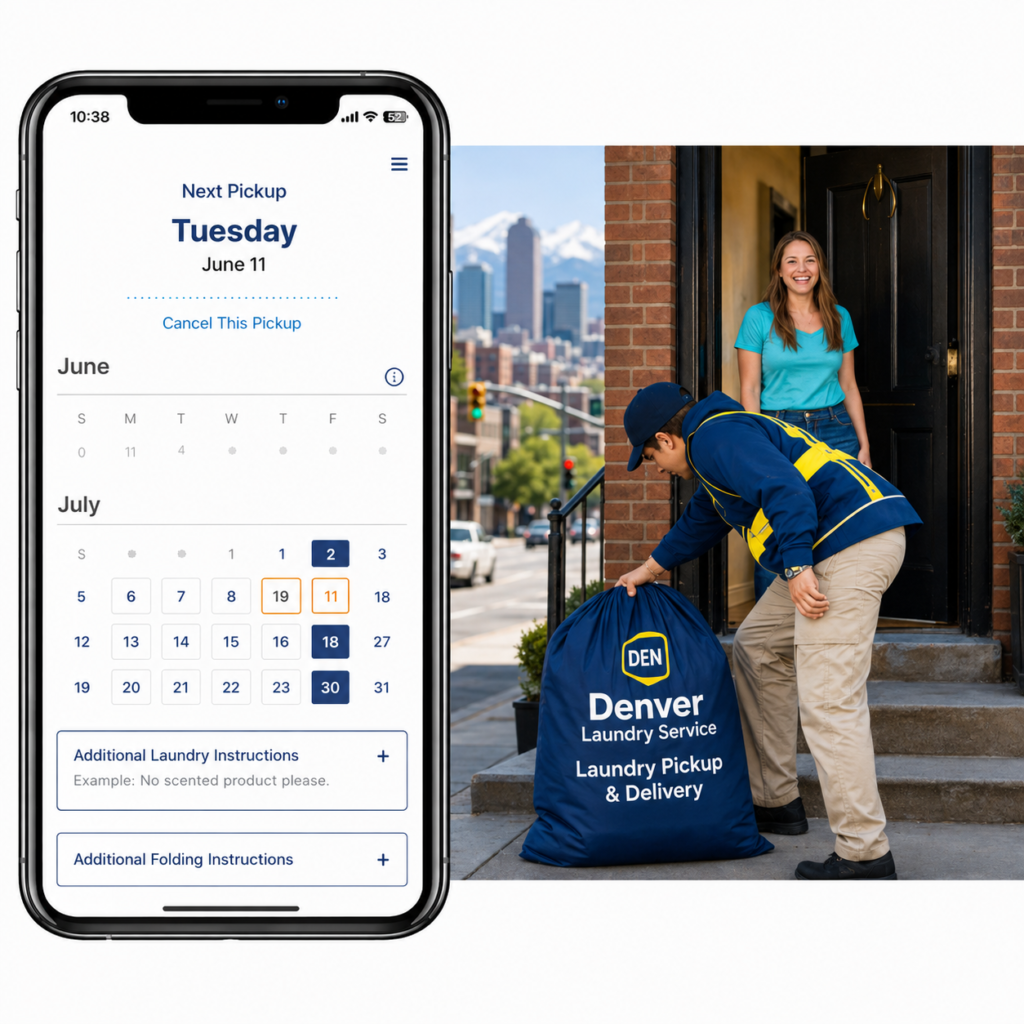 Denver Laundry Service app showing next pickup date with porch handoff in the background