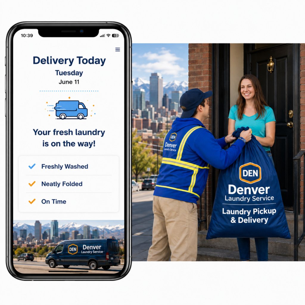 Denver Laundry Service delivery confirmation screen with driver handing off clean laundry