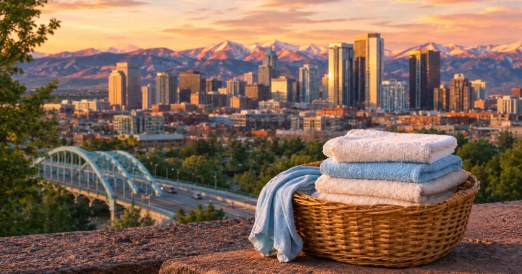 Denver skyline and Rocky Mountains, laundry pickup and delivery service by neighborhood