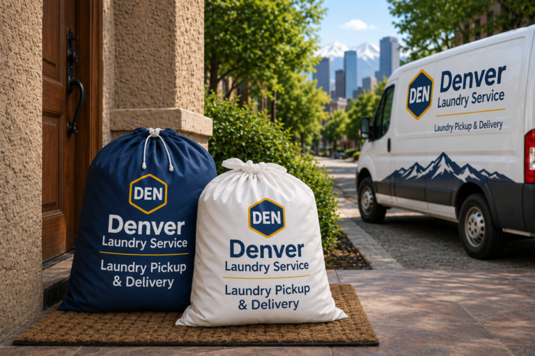 Denver Laundry Service pickup and delivery bags on a doorstep beside the company van