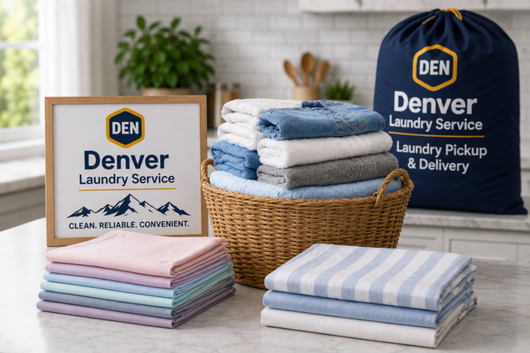 Freshly folded laundry basket next to a Denver Laundry Service pickup and delivery bag